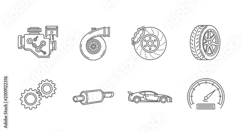 Schilderij op canvas Car Parts Icons Set: Engine, Turbo, Brakes, Tire, Gears, Exhaust, Car, Speedomet