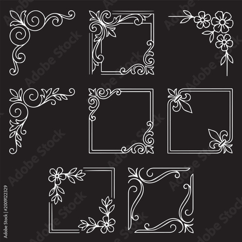 Ornate White Vector Corner Borders and Square Frames Collection - Elegant Filigree and Floral Line Art Set for Photo Frames, Invitation Borders, and Vintage Decorative Projects