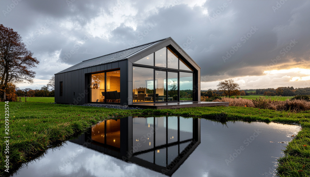 Fototapeta premium Modern house with reflection in water