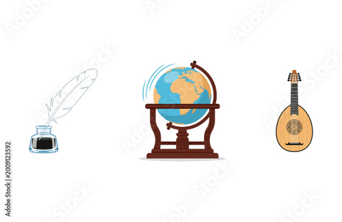 Schilderij op canvas Collection of vector icons quill pen in inkwell, antique globe on stand, and lut