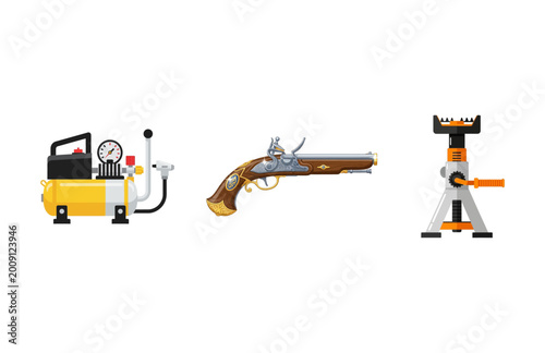 Foto Vector collection of a compressor, flintlock pistol and car jack on white backgr