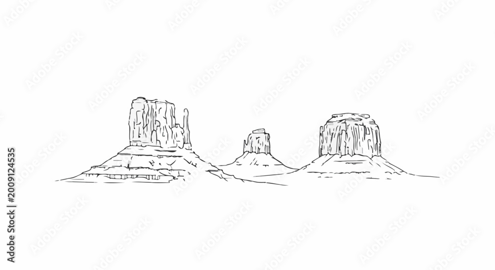 Fototapeta premium Stylized sketch of three iconic desert rock formations under a white sky