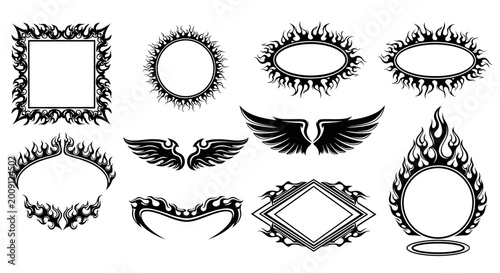 Fiery Frames and Wings Collection: Tribal, Grunge, Tattoo Designs
