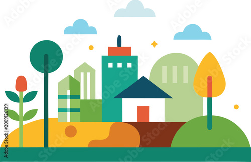 Modern city skyline with green nature elements flat vector design