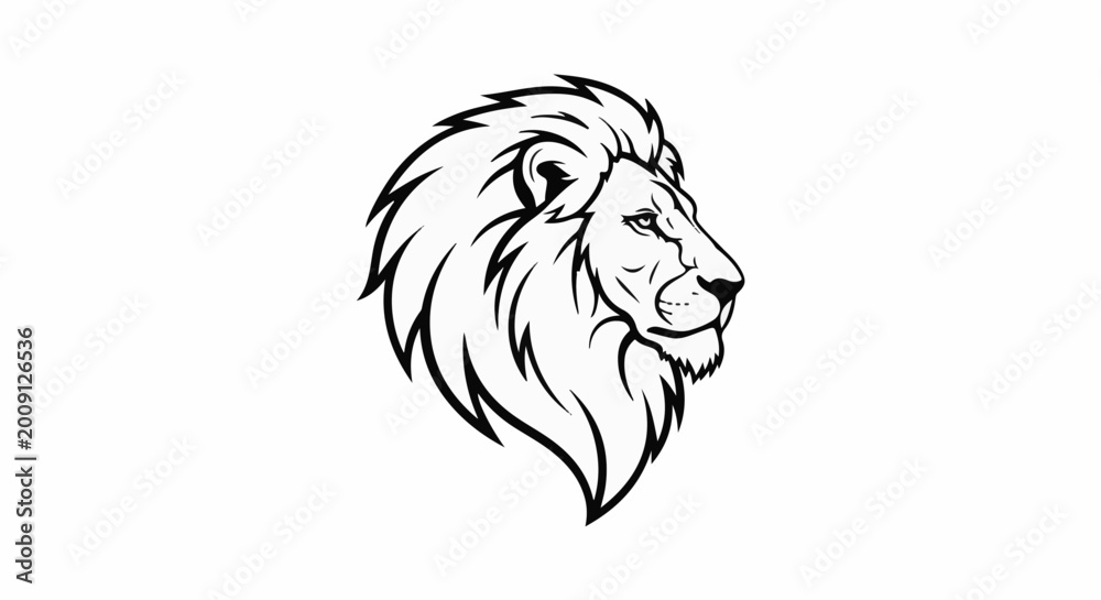 Fototapeta premium Stylized lion's head profile, bold black lines on white, majestic mane