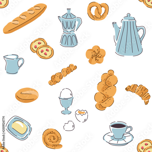 Bakery and pastry theme seamless pattern. Various sorts of bread and coffee. Bakery food for french breakfast, illustration of bakery bread and baguette.