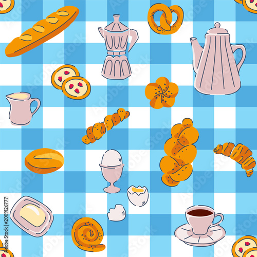 Bakery and pastry theme seamless pattern. Various sorts of bread and coffee. Bakery food for french breakfast, illustration of bakery bread and baguette.
