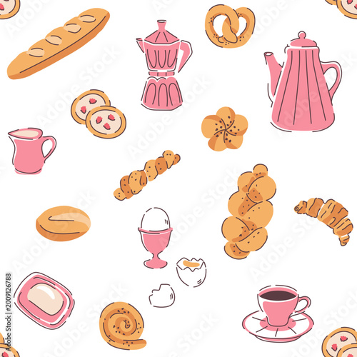 Bakery and pastry theme seamless pattern. Various sorts of bread and coffee. Bakery food for french breakfast, illustration of bakery bread and baguette.