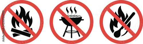 Schilderij op canvas No open fire, prohibition signs, red circular safety symbols showing no grilling no matches and fire warning restriction icons for safety regulation design