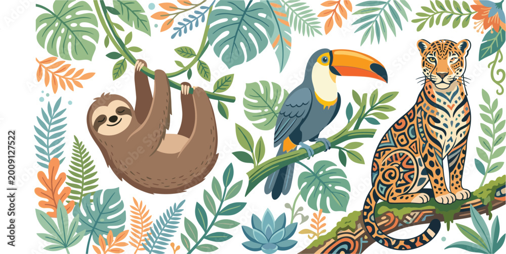 Fototapeta premium Artistic Tropical Jungle Vector Scene Featuring Stylized Jaguar Sloth and Toucan with Exotic Monstera Leaves and Flowers for Decorative Wall Art and Textile Patterns.