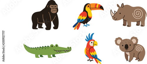 Photography Artistic Wild Animal Vector Set Featuring Gorilla Toucan Rhino Crocodile Parrot and Koala with Tribal Pattern Details for Decorative Graphic Designs and Kids Projects