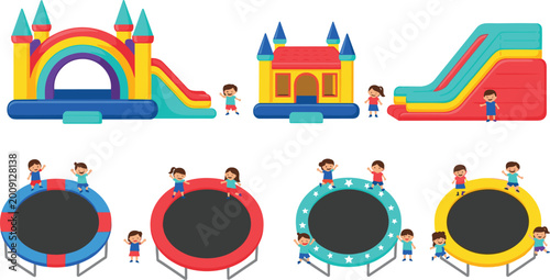 Photography Colorful Inflatable Playground and Trampoline Vector Set with Children Playing, Bounce Houses, Slides, Fun Outdoor Activity Equipment, and Kids Entertainment Designs