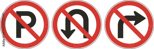 Fotografie No parking sign set, traffic prohibition symbols including no U-turn no right turn and road restriction signs for transportation safety and regulation design
