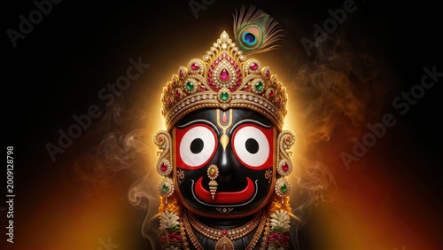 Lord Jagannath Face on Black Background – Glowing Divine Portrait