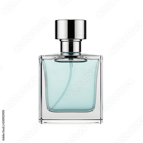 Glass bottle of blue liquid perfume for men with a silver metal cap isolated on transparent background