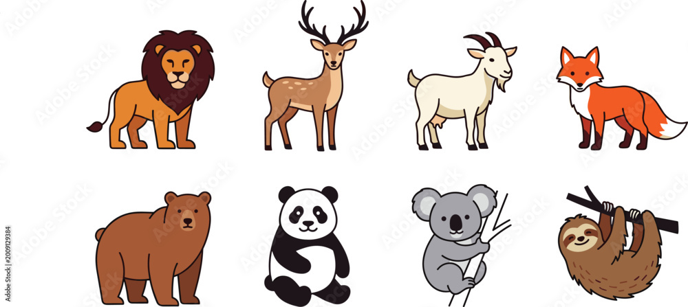 Fototapeta premium Diverse Wild Animal Vector Icon Set Featuring Lion Deer Goat Fox Bear Panda Koala and Sloth Illustrations for Kids Educational Projects and Nursery Decor.