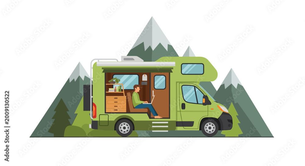 Obraz premium Digital Nomad Working on Laptop in Green Camper Van with Mountain Background - Flat Vector Illustration of Remote Work and Van Life Lifestyle