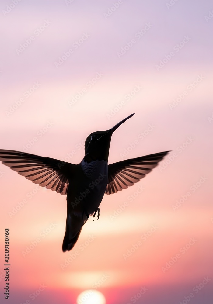 Fototapeta premium Hummingbird silhouette flies against a soft sunset sky.