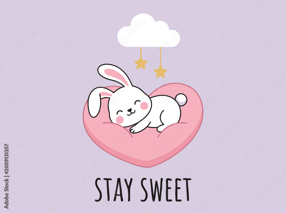 Naklejka premium Cute Rabbit Heart Sleep, Bunny Love Illustration, Sweet Dreams Nursery Art, Stay Sweet Quote Poster, Minimalist Easter Animal Vector Greeting Card