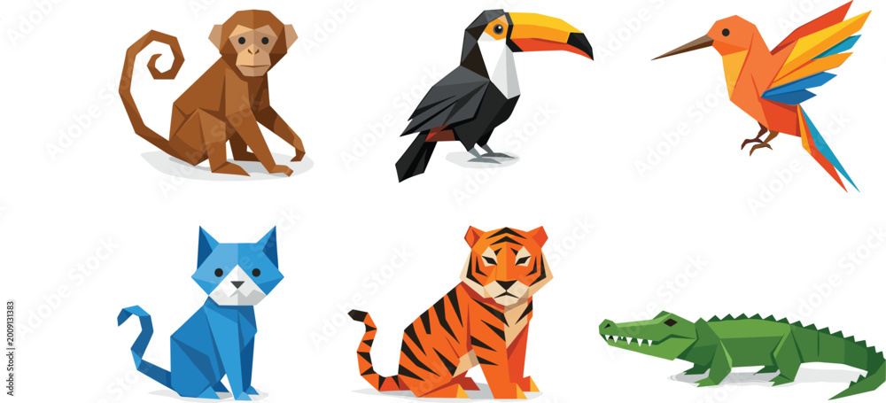 Fototapeta premium Modern Low Poly Geometric Animal Vector Set Featuring Stylized Monkey Toucan Hummingbird Tiger Crocodile and Cat Illustrations for Creative Branding and Graphic Design Projects.
