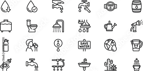Photography Water conservation icons set essential symbols for sustainability and responsibl