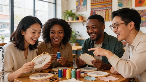 Diverse group of friends at an embroidery workshop. Smiling young adults crafting together at a wooden table with hoops and colorful thread. Creative hobby and leisure concept