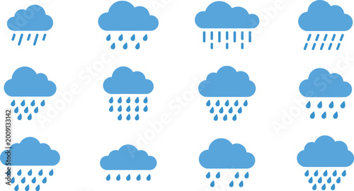 Tableau sur toile Simple Rain Cloud Icon Set with Falling Water Drops Variations, Minimal Weather