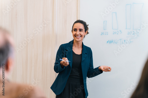 Billede på lærred Businesswoman presenting marketing chart in office meeting with smile