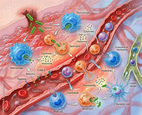 Dynamic Cellular Immune Response A Clear Visualization of Inflammation, Pathogen Encounter, and Leukocyte Extravasation in the Body