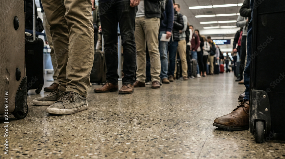 Fototapeta premium Travelers waiting in long queue travel problems words + concept