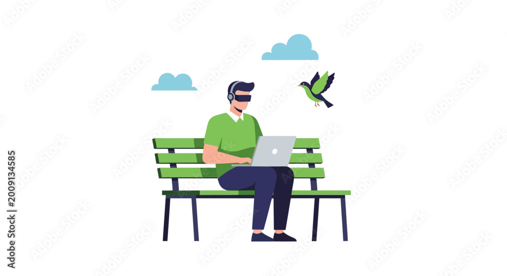 Fototapeta premium Man with VR Headset and Laptop Sitting on Park Bench - Futuristic Remote Work and Metaverse Concept Vector Illustration
