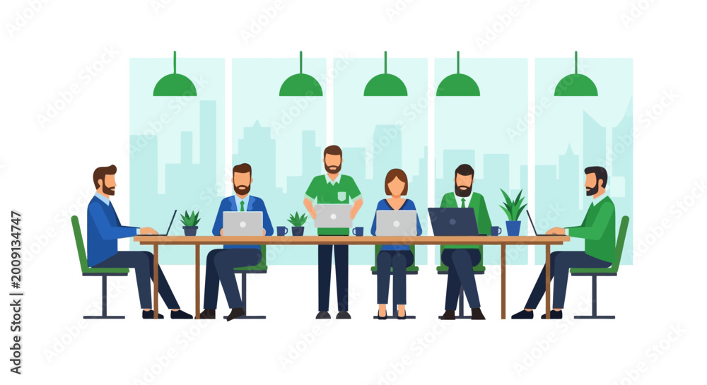 Fototapeta premium Professional Team Working Together in Modern Office, Business People with Laptops in Creative Coworking Space, Vector Flat Illustration