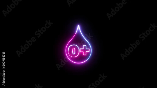 Neon Blood Drop with O Positive Blood Type Icon Glowing with O Positive