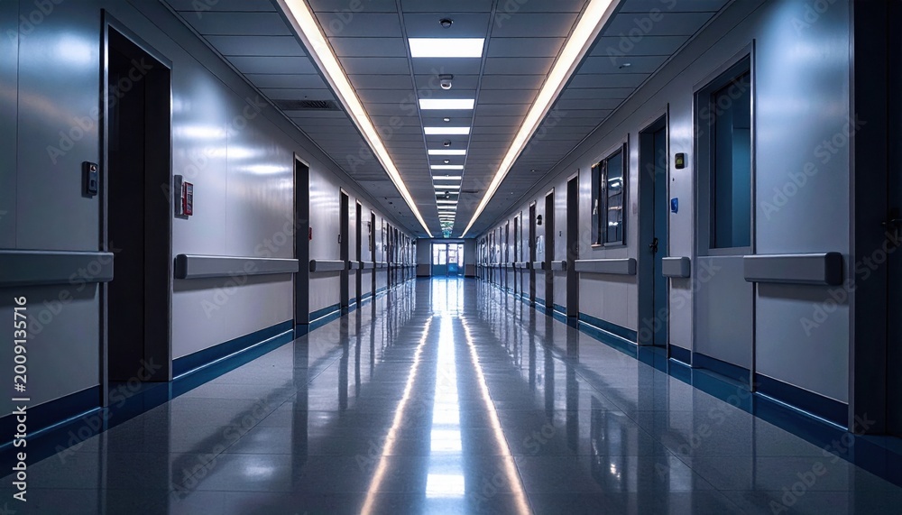 Fototapeta premium Empty Modern Hospital Corridor with Polished Floors and Overhead Lighting