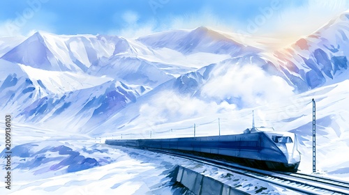 Winter train journey through snowy peaks a peaceful landscape illustration evokes travel wonder