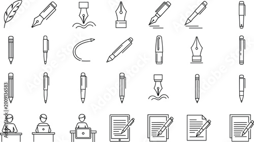 Cuadro en lienzo Writing Icon Collection Featuring Pens, Pencils, Quills, People Writing, and Doc