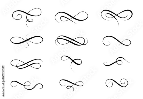 Tableau sur toile Set of multiple black calligraphic swirls and flourishes on white background, decorative borders and ornamental scroll elements