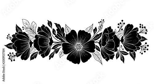 Black and White Hand Drawn Floral Border Silhouette with Leaves and Flowers