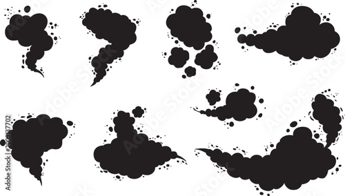 Black smoke clouds and steam silhouettes set for comic and cartoon design elements