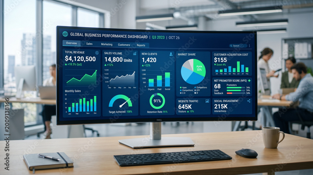 Naklejka premium Corporate Business Team Working in Modern Office with Glowing Digital Growth Chart and Financial Data Infographic