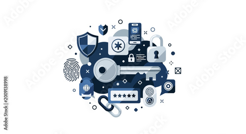 Cybersecurity and Digital Data Protection Concept Illustration with Key, Padlock, and Shield Icons on White Background