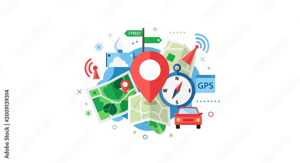 Obraz premium GPS Navigation and Travel Technology Illustration with Maps, Compass, and Map Pin Icon