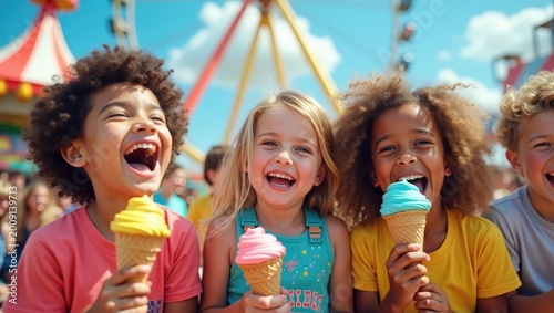 Group of happy kids eating ice cream at amusement park, laughing in bright summer sun, colorful carnival background, joyful friendship and carefree childhood