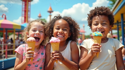 Group of happy kids eating ice cream at amusement park, laughing in bright summer sun, colorful carnival background, joyful friendship and carefree childhood