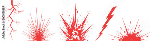 Quadro su tela Abstract red grunge impact cracks lightning strikes and explosion burst elements vector illustration background set