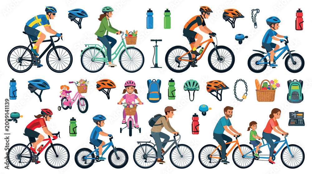 Fototapeta premium People riding bicycles, helmets, water bottles, and bicycle accessories vector illustration set
