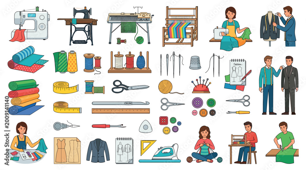 Obraz premium Sewing machine, fabric rolls, thread spools, scissors, needles, thimble, buttons, measuring tape, and tailors working with clothes, vector illustration set