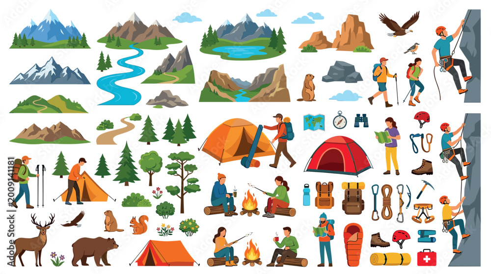 Obraz premium Mountains river trees hikers campers climbers animals equipment icons set, a colorful flat vector illustration of outdoor adventure and nature exploration