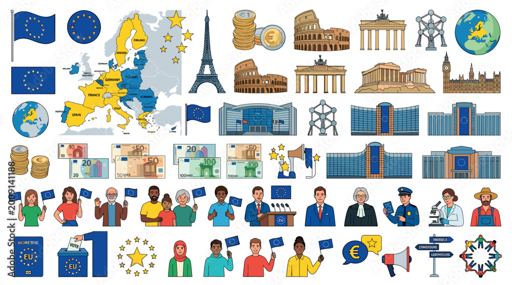 Fototapeta premium European Union map flag currency people buildings icons set, vector illustration of EU symbols and landmarks