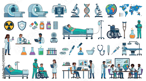 Medical equipment, laboratory tools, and healthcare professionals vector illustration set depicting various aspects of medicine and science